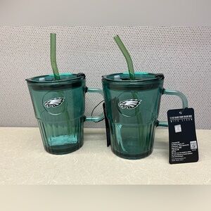 Philadelphia Eagles Midnight Green 12 oz Glass Mug w/ Straw (Set of 2)